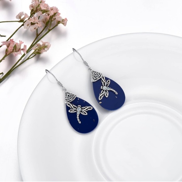 14k 925 Lapis Lazuli Celtic Dragonfly Earrings - Picture 2 of 5